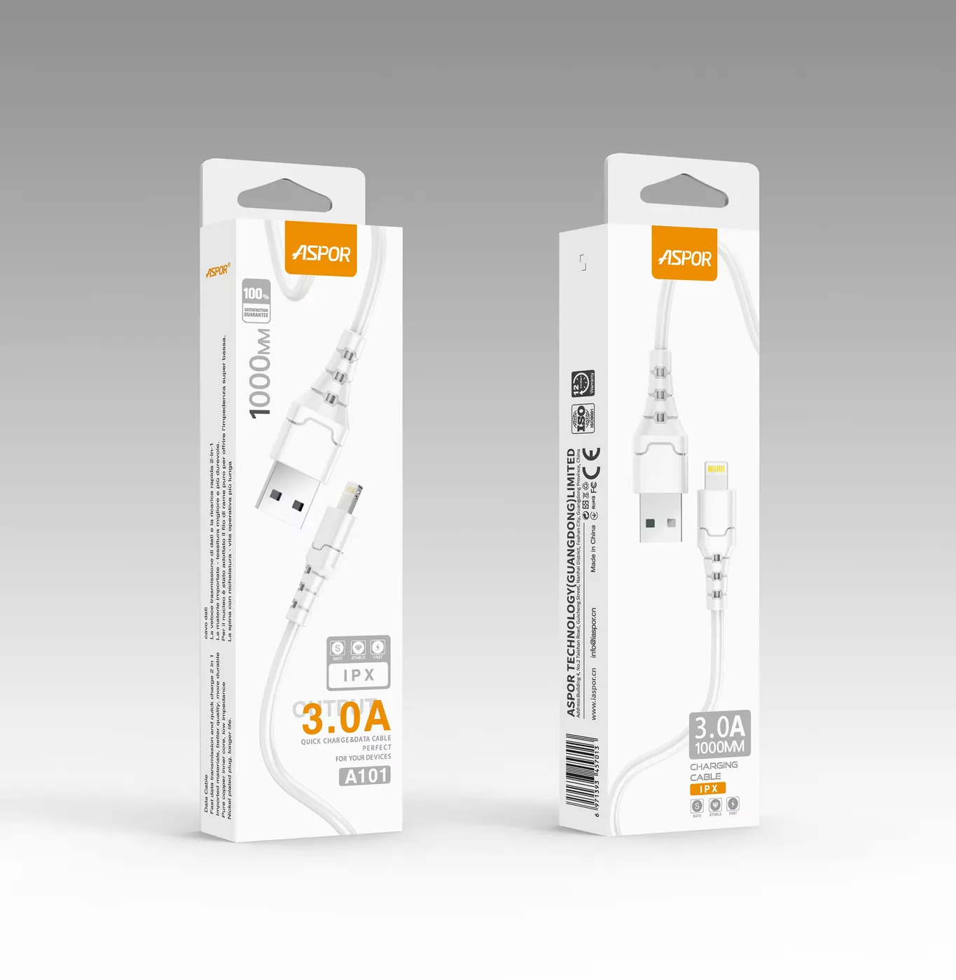 A101 ASPOR — Cable 3A USB А to Lightning 1M