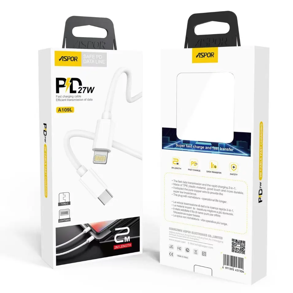 A109L ASPOR — Cable 27w Type C to Lightning 2M