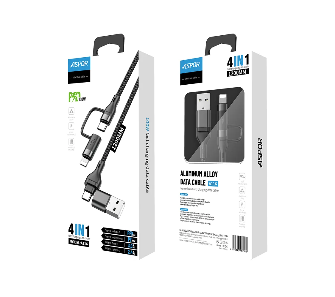 A116 ASPOR — Cable 100w 4 in 1 C to C ; C to IP ; USB A to C; USB A to IP 1.2М