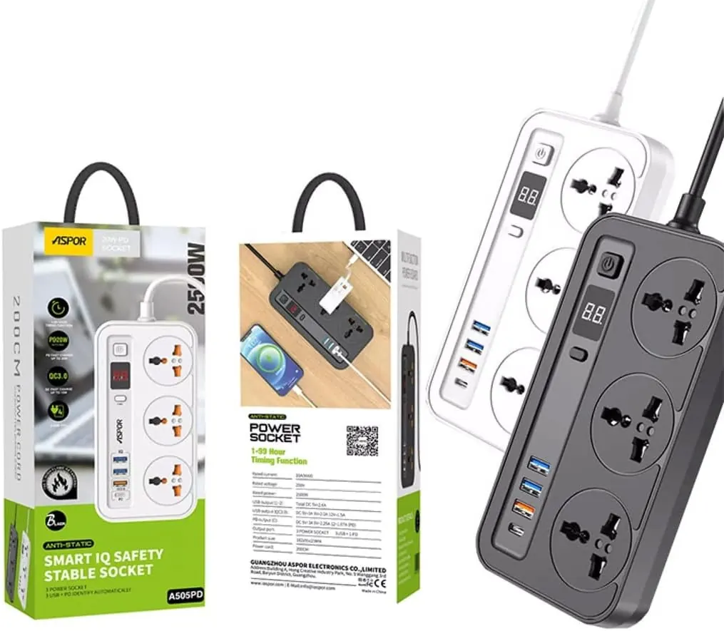 A505PD ASPOR — Power cable 2500W, 3xSocket, 3xUSB, 1PD-20W, 2M cable