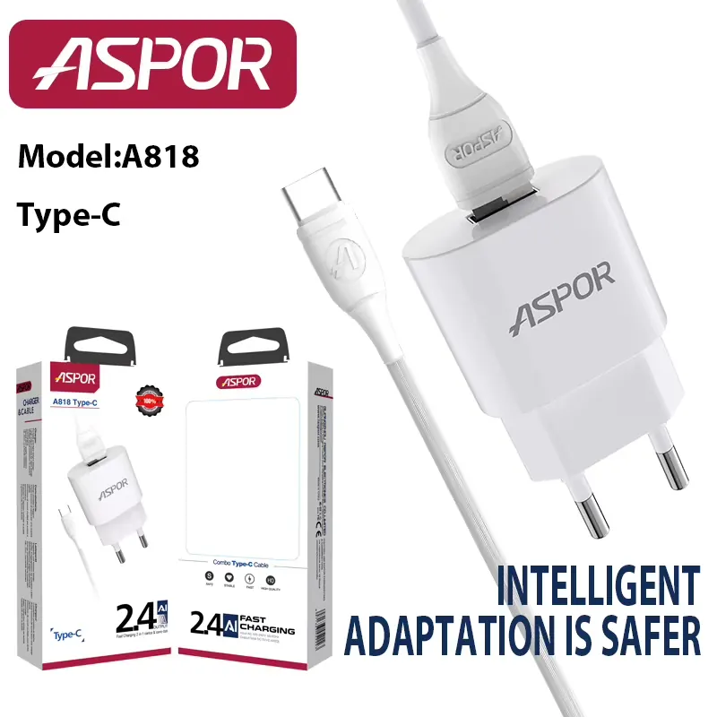 A818 ASPOR - Charger 2.4A USB A + type C cable